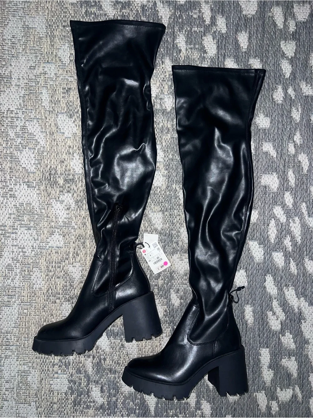 Zara Black Faux-Leather Over-The-Knee Chunky Heel Boots